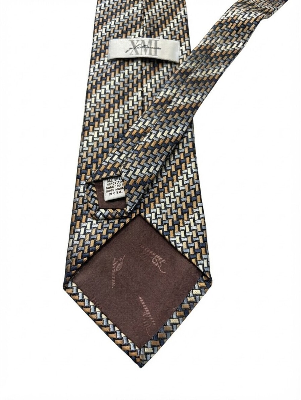 XMI Platinum Men's Tie Necktie 100% Silk Geometric Pattern Blue Gold Brown 60"